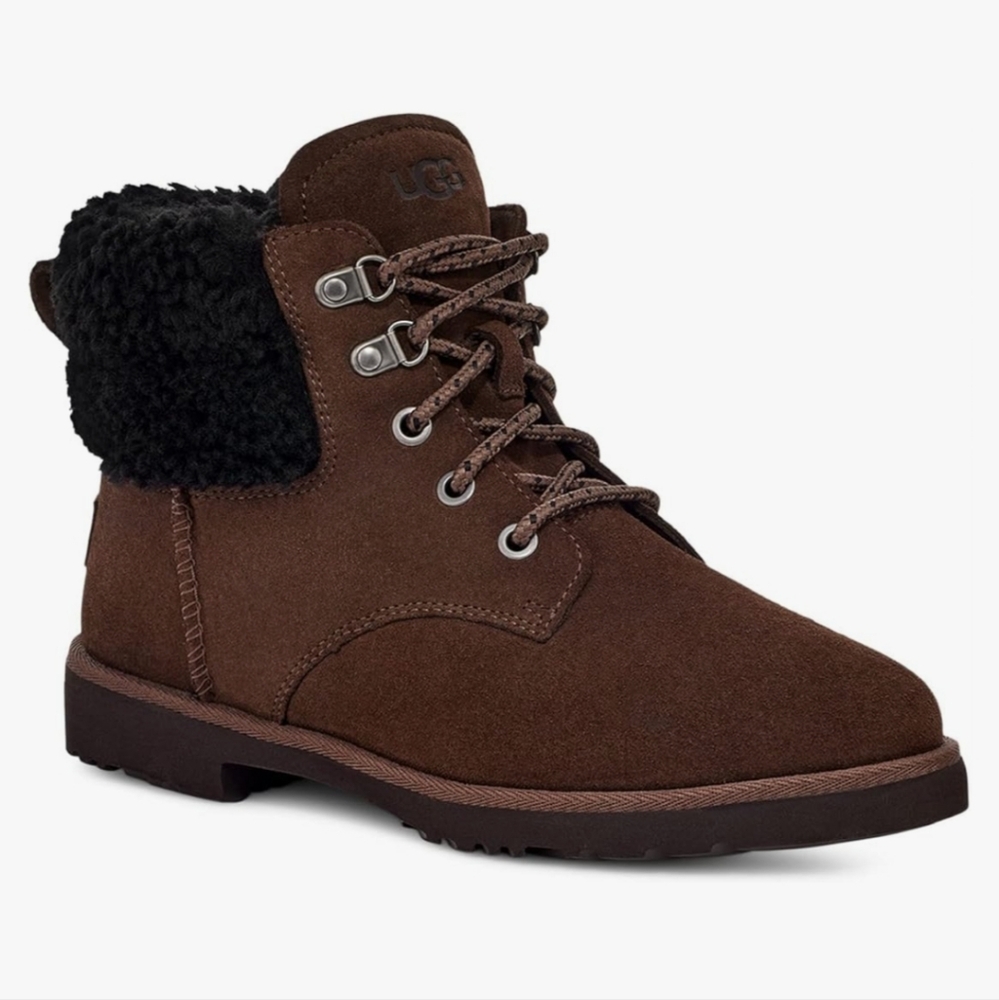 UGG Brown Lace-Up Boots with Black Fur - Women's Size 6.5